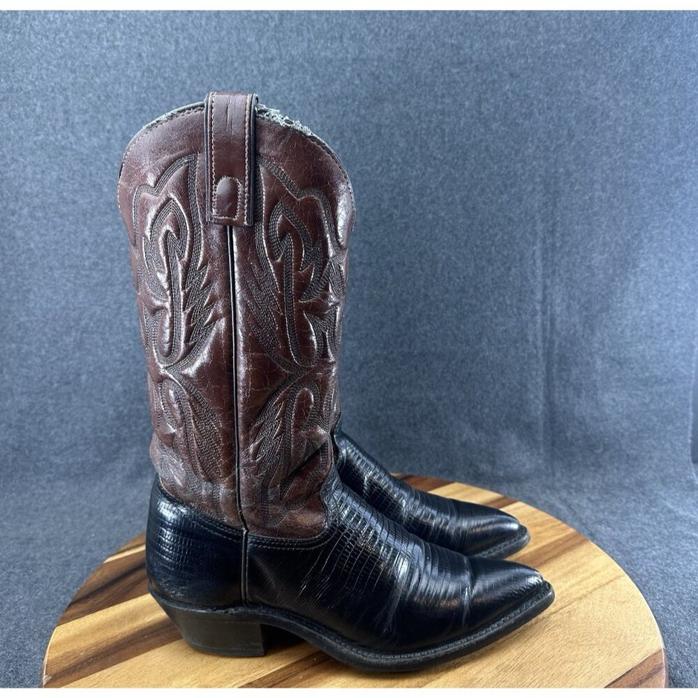 Texas All American Mens Sz 8.5D Black Brown Lizard Leather Western Pull On Boots